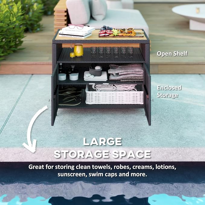 Outsunny Wicker Outdoor Storage Cabinet, Rattan Outdoor Bar Table - Image 4