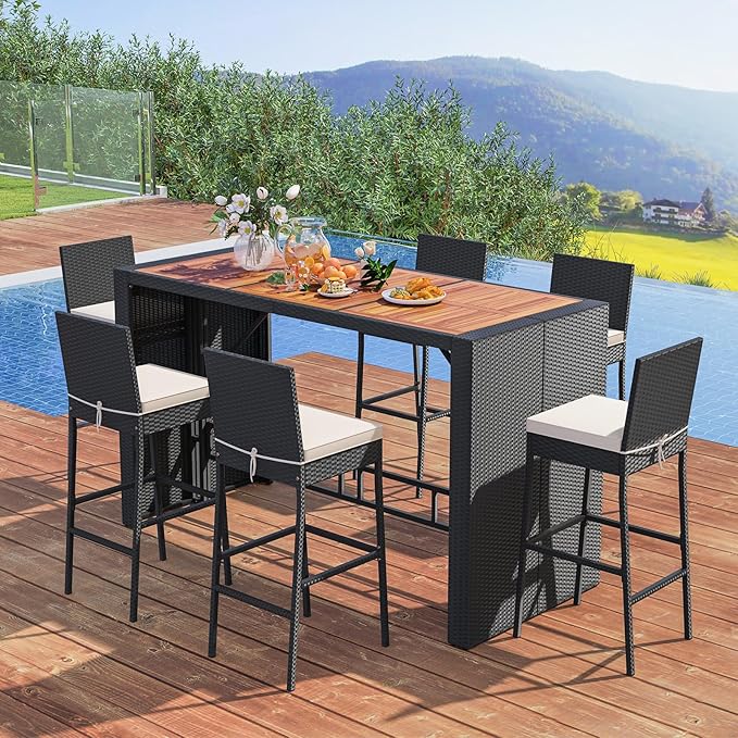 COSTWAY 7 PCS Patio Rattan Wicker Bar Set, Footrest and Cushion, Outdoor Table - Image 7