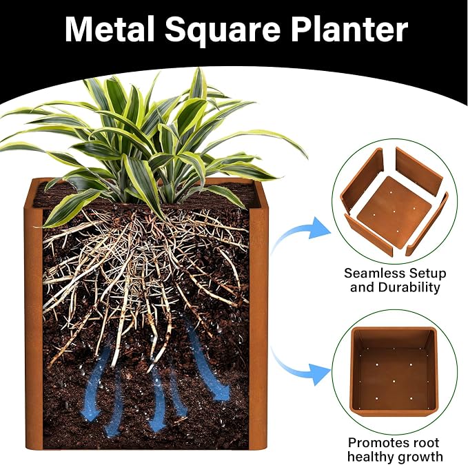 Corten Steel Planter Box 24" L x 24" W x 24" H, Large Metal Square Planter - Image 3