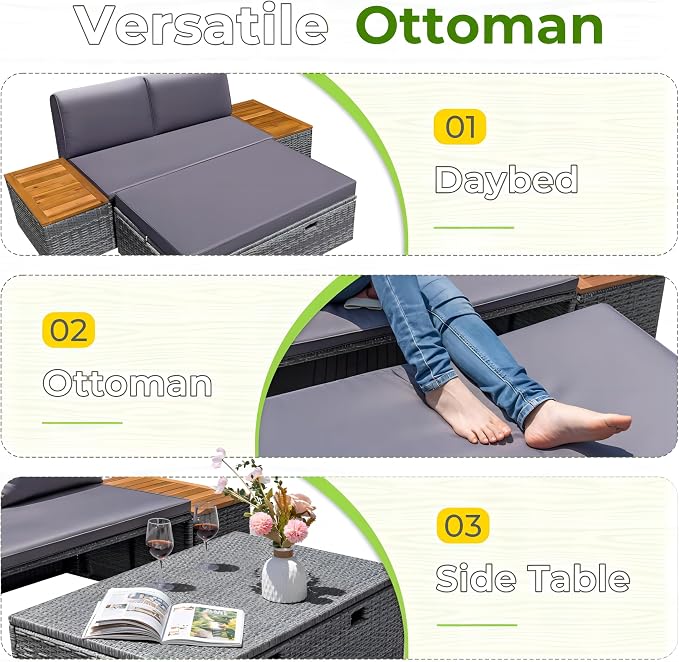Greesum Outdoor Daybed Set Multifunctional Wicker Lounge Bed Furniture - Image 5