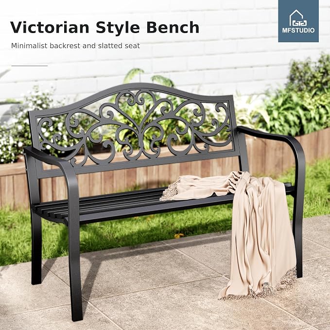 MFSTUDIO Outdoor Metal Bench Set of 2, Garden Patio 43.7 Inches Cast Iron Metal - Image 3