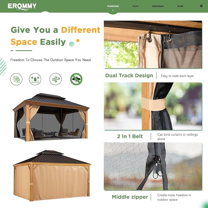 EROMMY 10'x12' Gazebo, Wood Grain Aluminum Frame Canopy - Image 7