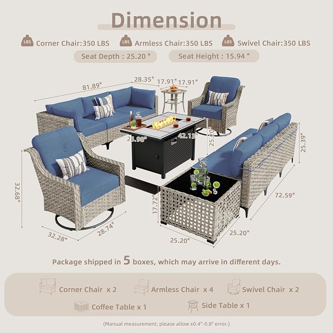 11 Pieces Outdoor Patio Furniture Set, Rattan Wicker Sectional Swivel Rocker - Image 8