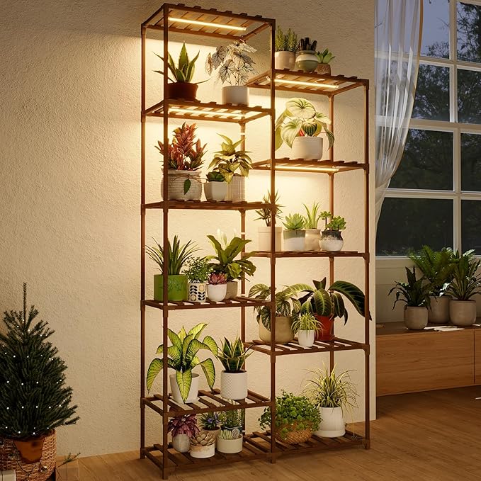 Bamworld Tall Plant Stand with Grow Lights Large Indoor Plant Shelf by Bamworld