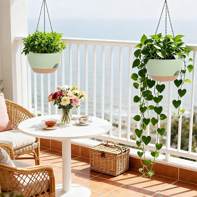 8 Inch Hanging Planters for Indoor Outdoor Plants, 4 Pack Green Brown Plastic - Image 6