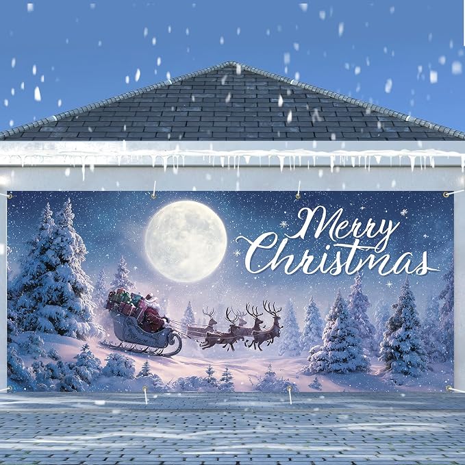 Merry Christmas Santa Sleigh Garage Door Decorations 6x13FT, Flying Reindeer - Image 2