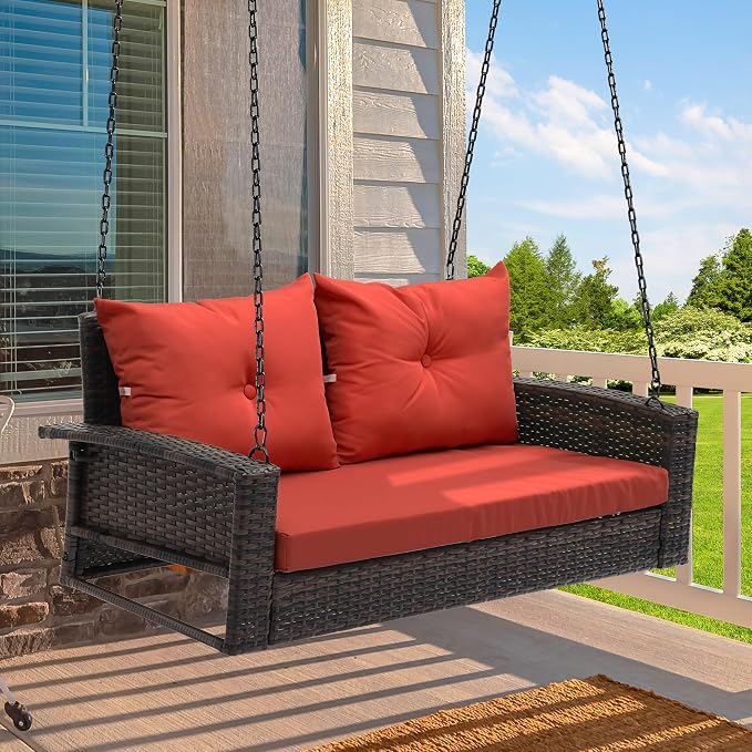 YITAHOME Wicker Hanging Porch Swing Chair Outdoor Brown Rattan Patio Swing by YITAHOME