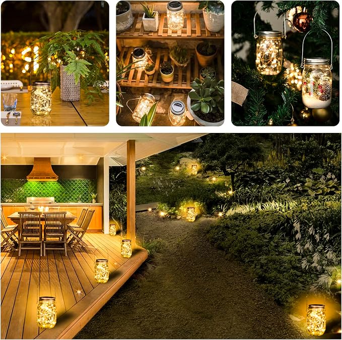 HXWEIYE 8 Pack Solar Mason Jar Lights Lanterns, Jars & Hangers Included，30LED - Image 7