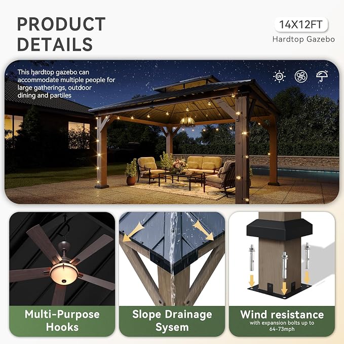 Aoxun 12' x 14' Outdoor Wood Gazebo, Hardtop Gazebo Permanent Wooden Pavilion - Image 3