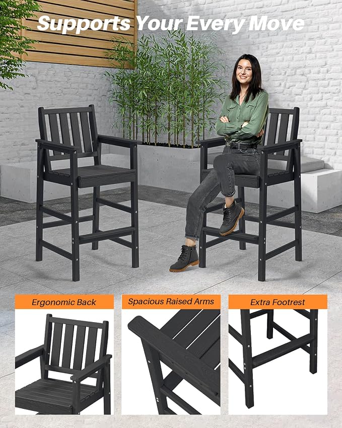 3 Pieces HDPE Outdoor Bar Table and Chairs Set, Tall Adirondack Chairs Set of 2 - Image 8