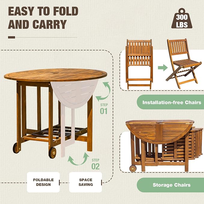 Devoko 5 PCS Patio Furniture, Patio Dining Set Acacia Wood Outdoor Table and - Image 3