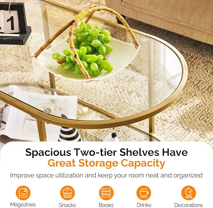 VINGLI 38" Oval Coffee Table, Transparent Glass Coffee Tables - Image 4