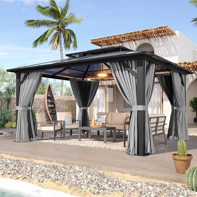Aoxun 12'x14' Hardtop Gazebo, Aluminum Frame Permanent Pavilion by Aoxun