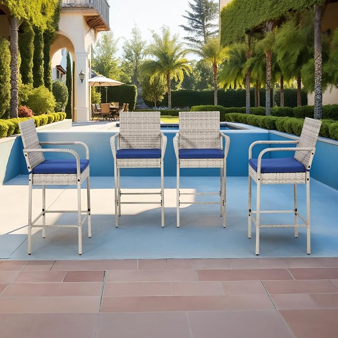 ECOTOUGE Set of 4 Patio Wicker Barstool, Outdoor Rattan Bar Height Chairs - Image 2