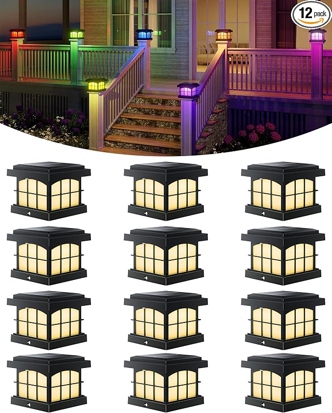 PARTPHONER RGBCW Solar Post Cap Lights 12-Pack, 9 Colors 3 Modes Fence Cap by PARTPHONER
