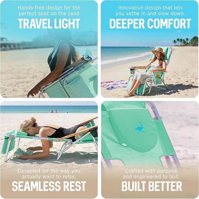 Ostrich Deluxe 3N1 Padded Beach Chair w/ Face Cushion & Arm Holes, Teal - Image 7