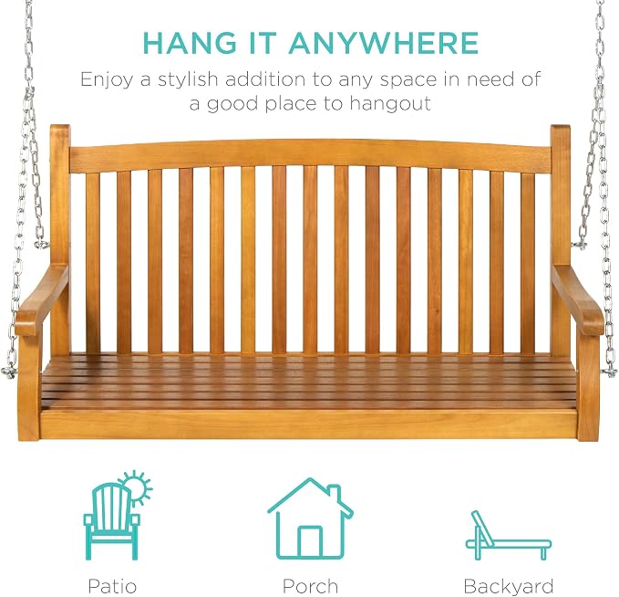 Best Choice Products 48in Wood Porch Swing Outdoor Patio Hanging Bench Chair - Image 5