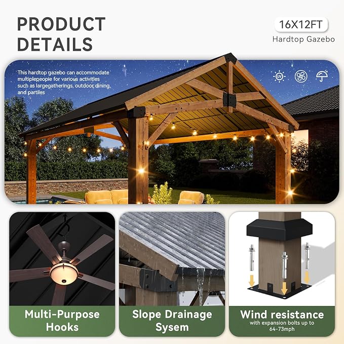 Aoxun 12' x 16' Outdoor Wood Gazebo, Hardtop Gazebo Permanent Wooden Pavilion - Image 5