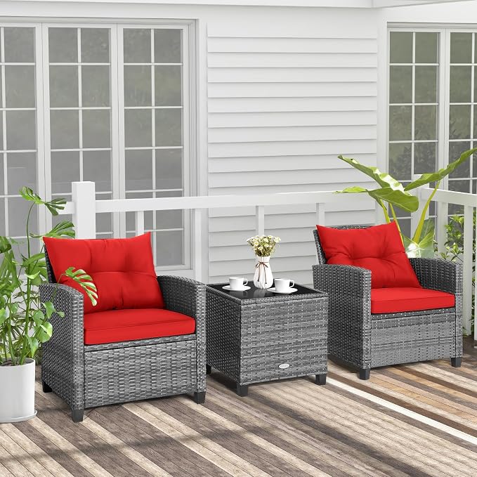 Tangkula 3 Pieces Patio Furniture Set, Outdoor PE Rattan Conversation Chair Set - Image 3