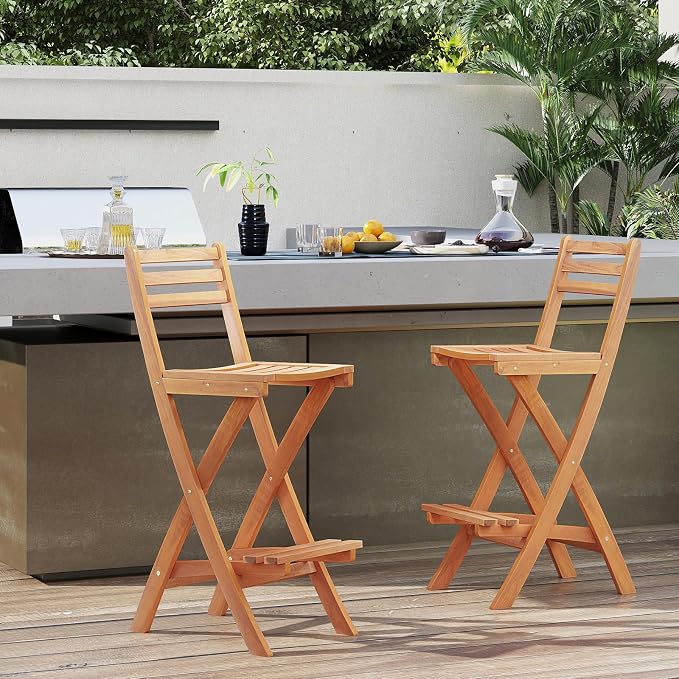 Tangkula Patio Folding Barstool Set of 2, Outdoor Portable High Top Acacia Wood - Image 4