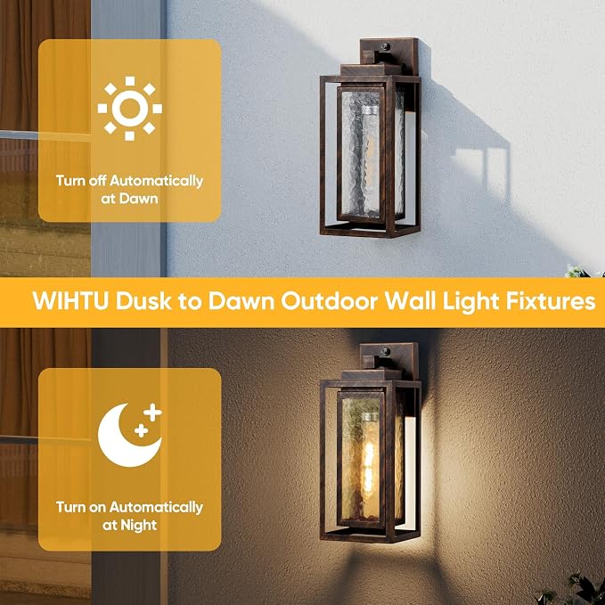 Dusk to Dawn Outdoor Wall Lantern, Water Ripple Exterior Porch Light Fixture - Image 2