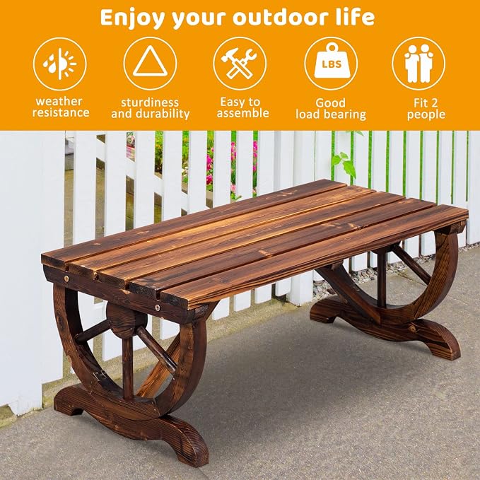 VINGLI Rustic Wooden Wheel Bench Outdoor Bench, Patio Bench Wagon Slatted Seat - Image 4