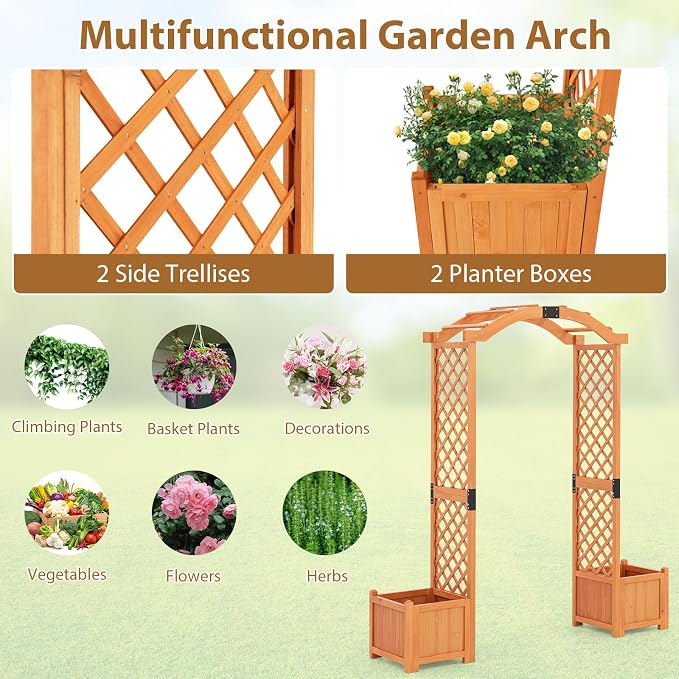 Giantex Garden Arbor with Planter Boxes, Wooden Arch with Trellis and Raised - Image 6