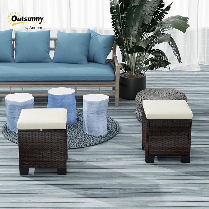 Outsunny 2 Pieces Outdoor Patio Ottomans, All Weather Wicker Outdoor Footstools - Image 2