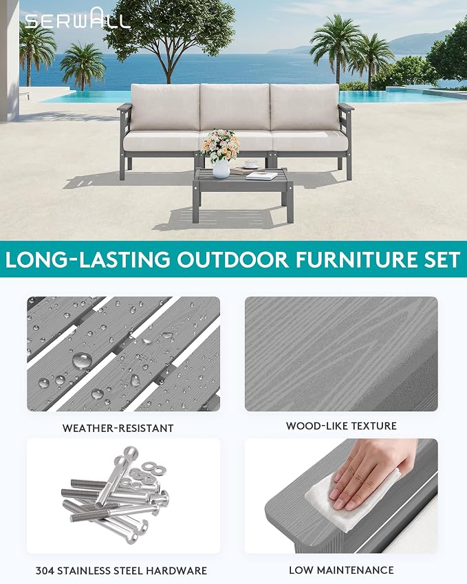 SERWALL HDPE Patio Furniture Set, 4 Pieces Outdoor Sectional Sofa Set, - Image 3