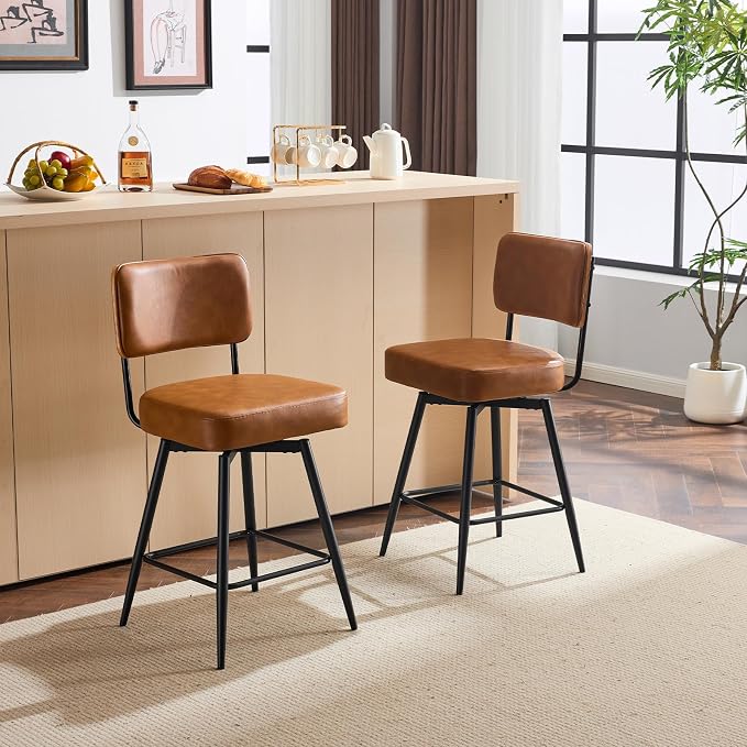 VINGLI Counter Height Swivel Bar Stools Set of 2, Upholstered PU Leather by VINGLI