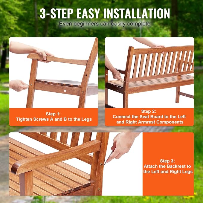 VEVOR Wood Outdoor Bench, 2-Person Garden Bench - Image 7