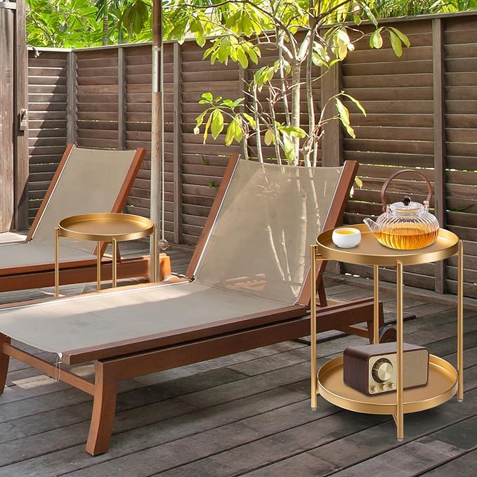 danpinera 2-Tier End Table, Outdoor Side Table Metal Round Side Table - Image 2