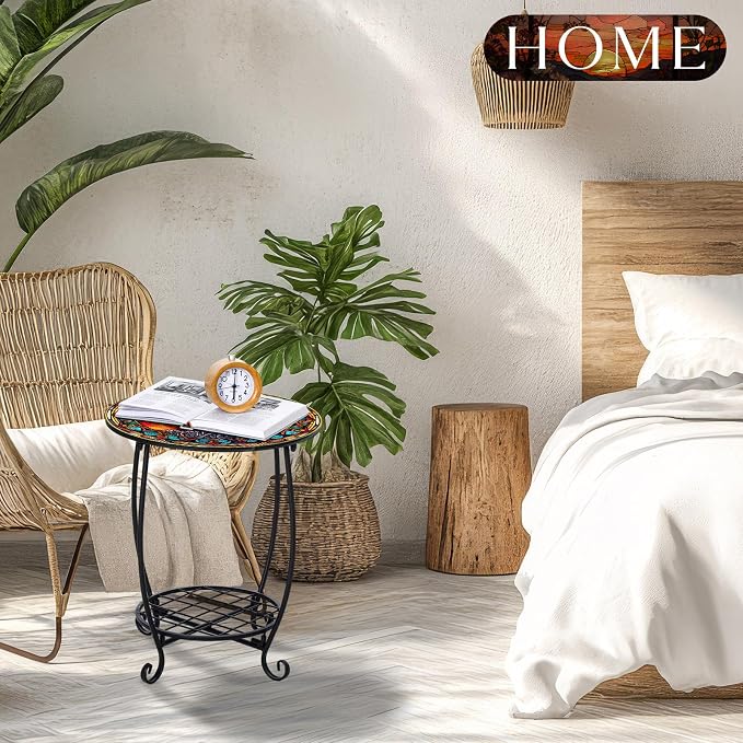 Outdoor Side Table Round Small Mosaic Patio Accent Indoor End Plant Coffee Tea - Image 6