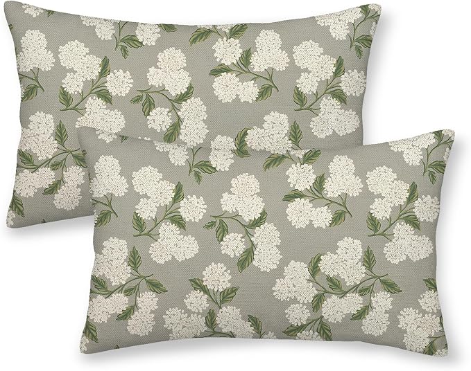 Grey Spring Pillow Covers 12x20 Inch 2 Pcs Gray Green Hydrangea Flower Decor by DAFENA