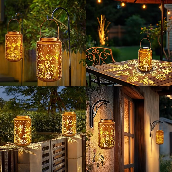 Brizled Hummingbird Solar Lantern Lights, 2 Pack LED Hollow Out Hanging Lantern - Image 7
