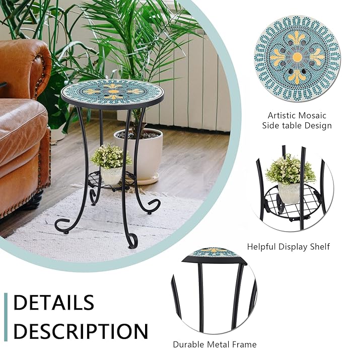 VCUTEKA Outdoor Side Table Mosaic Patio Table Accent Tables Mosaic Tile Top - Image 5