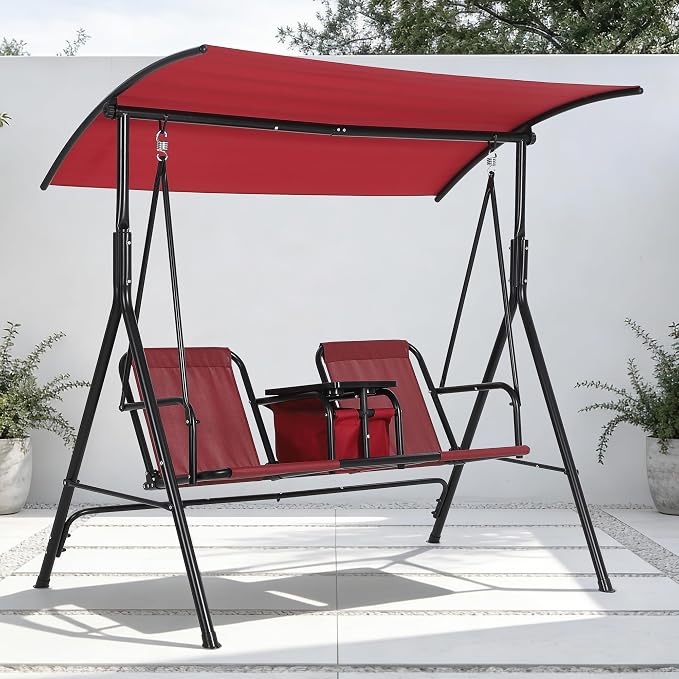 2-Person Porch Swing with Cup Holders, Pivot Storage Table & Cooler Bag by Unknown