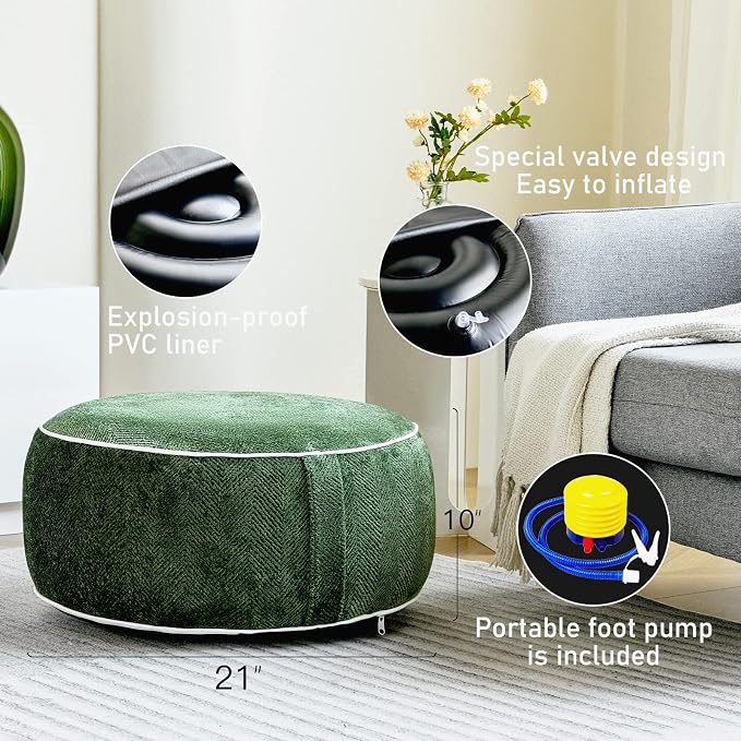 Inflatable Pouf Ottoman, 21x10 Inches Stuffed Chenille Ottoman - Image 3