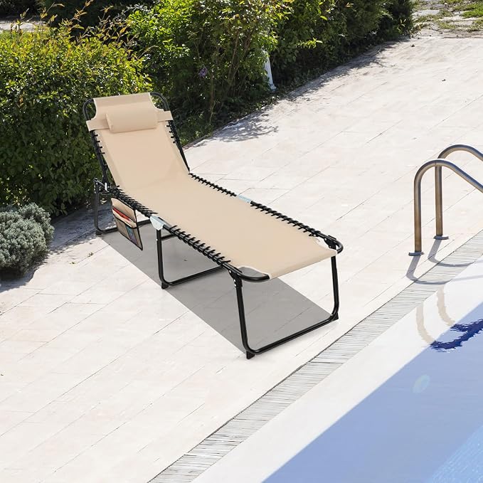 GYMAX Lounge Chairs for Outside, Extra High Folding Beach Tanning Lounger - Image 2