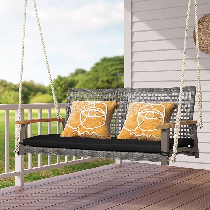 Happygrill 2-Person Patio Porch Swing Chair, Outdoor Rattan Swing Bench - Image 2