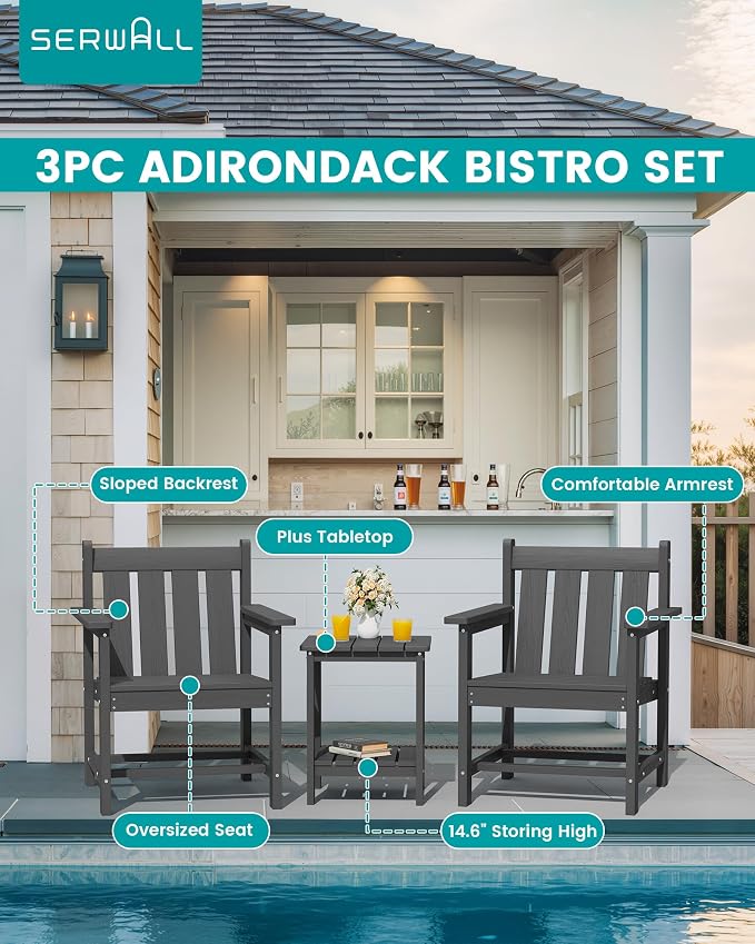 SEWRWALL 3 Pieces Patio Bistro Set, All Weather Adirondack Chair Set - Image 3