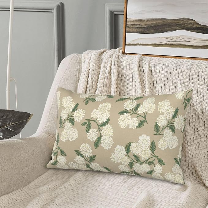 Beige Spring Pillow Covers 12x20 Inch 2 Pcs Khaki Green Hydrangea Flower Decor - Image 4
