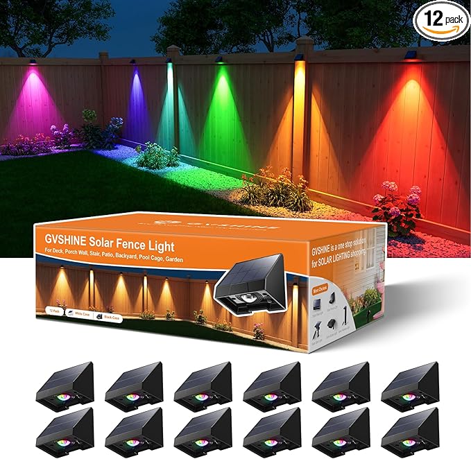 12 Pack Color Changing Solar Powered Fence Light Outdoor Decoration LED by GVSHINE