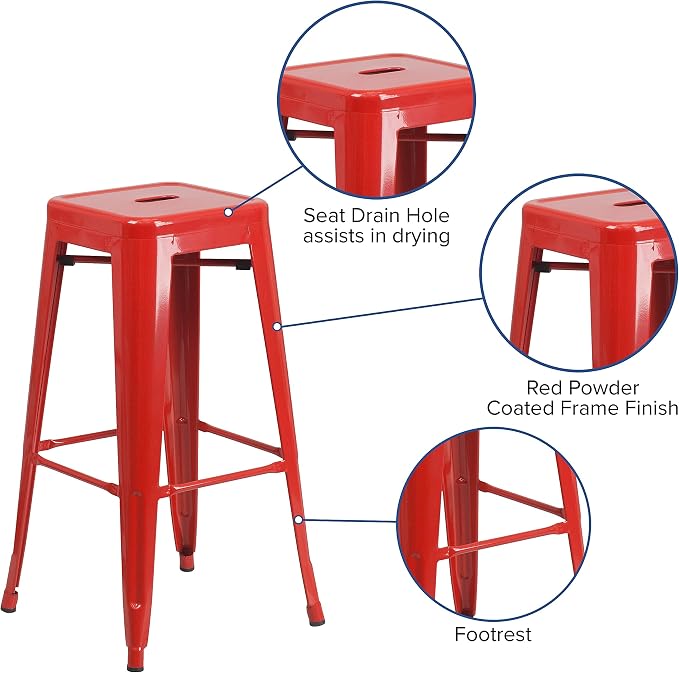 Flash Furniture Lily 4 Pack Commercial Grade 30" High Backless Red Metal - Image 7
