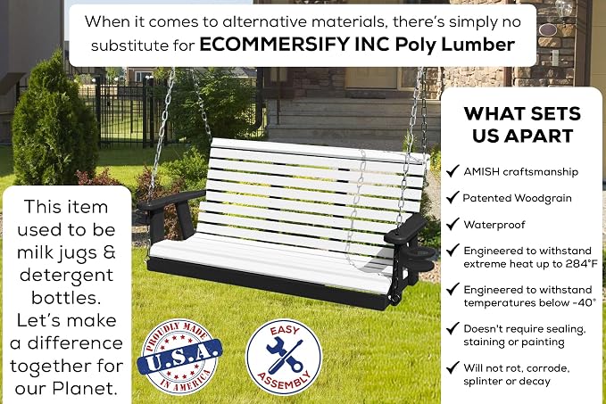 Poly Lumber Wood 4FT Porch Swing Amish Craftsmandship Made in USA HDPE - Image 3