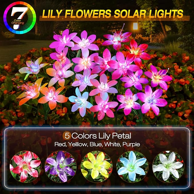 Aukora Solar Garden Lights Outdoor 5 Pack, 5 Colors Lily Flowers & 7-Color - Image 6