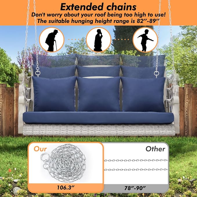 Heavy Duty 900 LBS Porch Swing Chair 3-Person Outdoor Rattan Patio Swing Lounge - Image 5