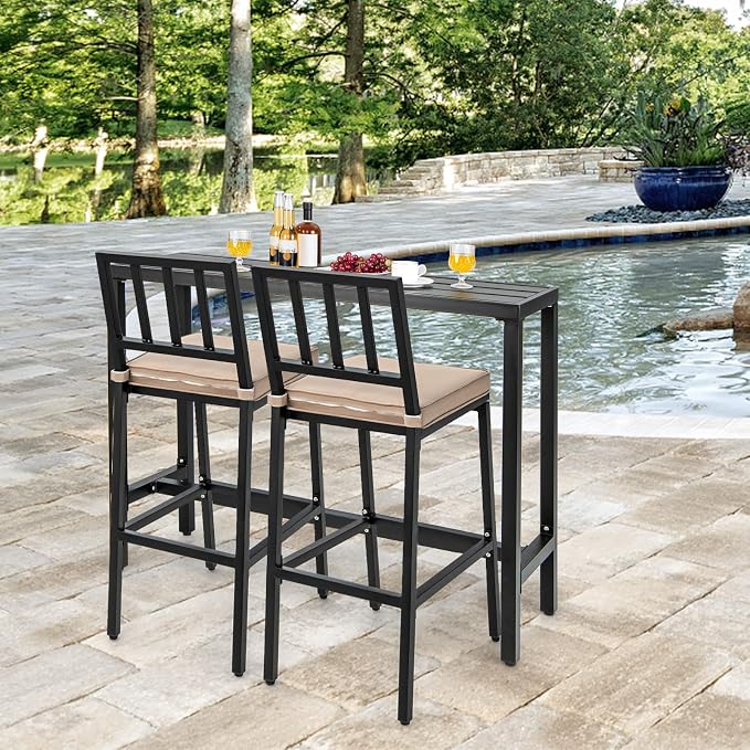 COSTWAY 3 Piece Outdoor Patio Bar Set, Metal Bar Table and Chairs Set - Image 2