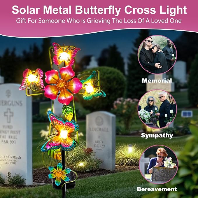 Solar Butterfly Cross Garden Stake Light, Metal Cross Cemetery Decorations - Image 3