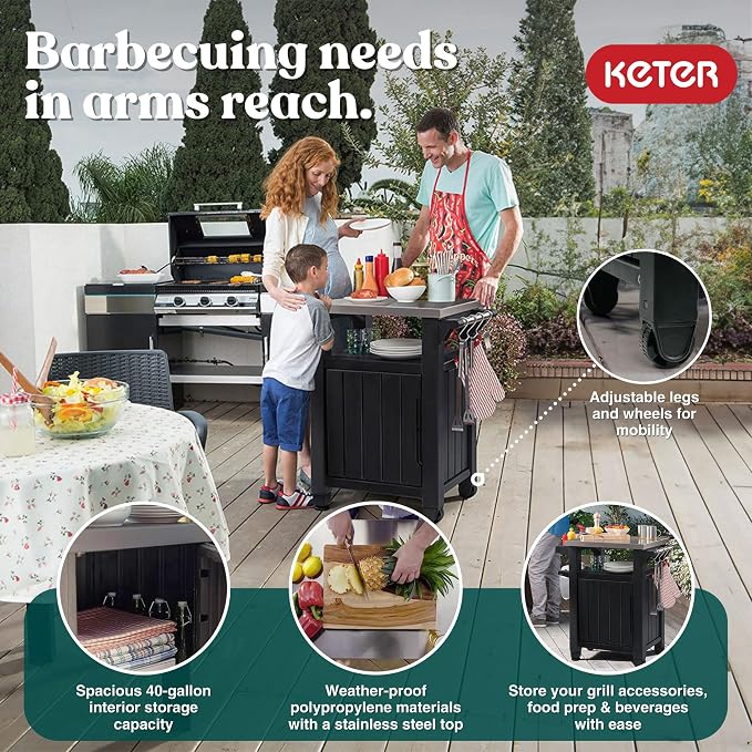 Keter Unity Small 40 Gallon Grill Prep Table and Storage Cart, Portable Serving - Image 3